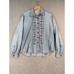 Two Twenty Medium Denim Shirt Floral Embroidery Cotton Light Wash Vintage